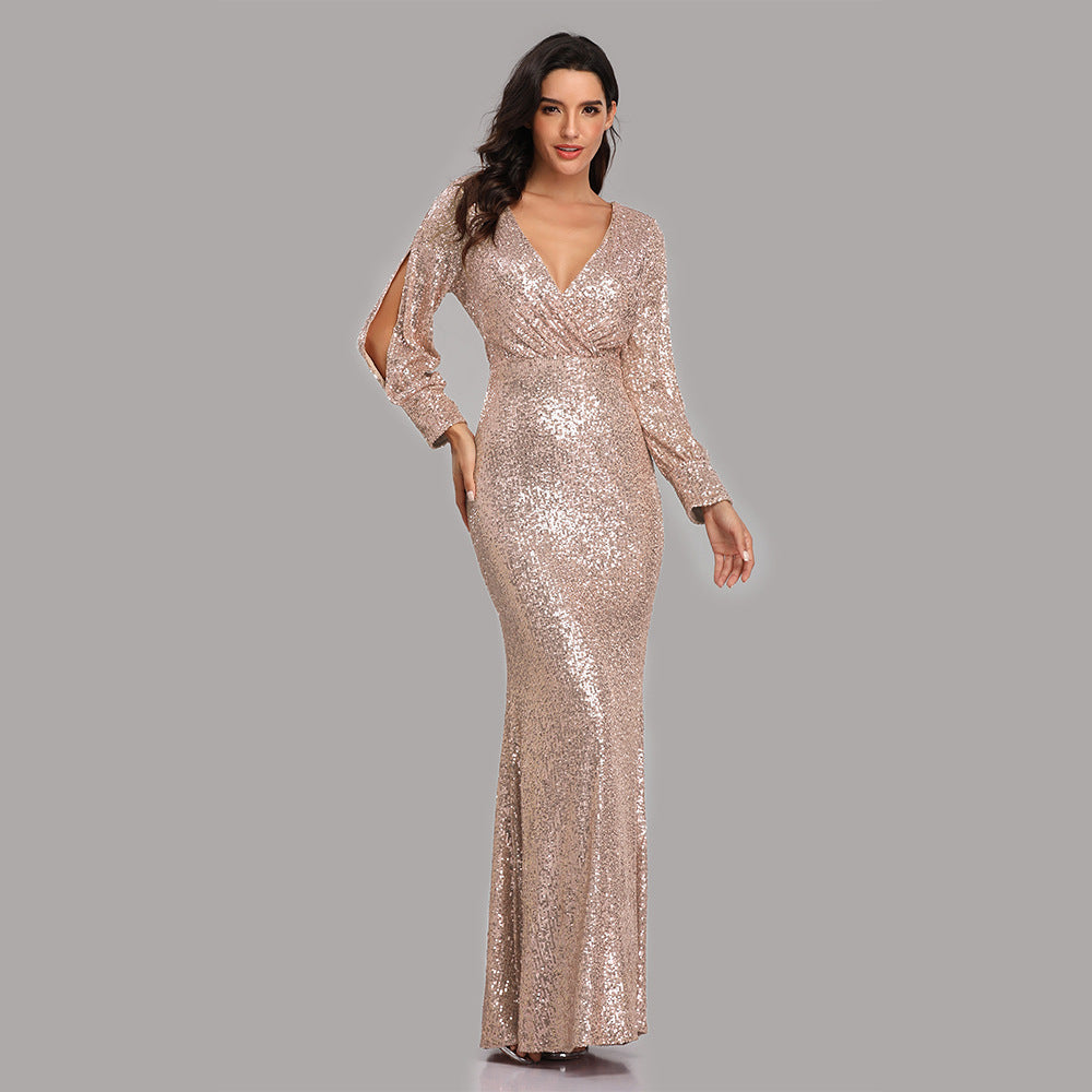 Plus Size Women Long Sleeve V-Neck Sequined Mermaid Evening Dress 4