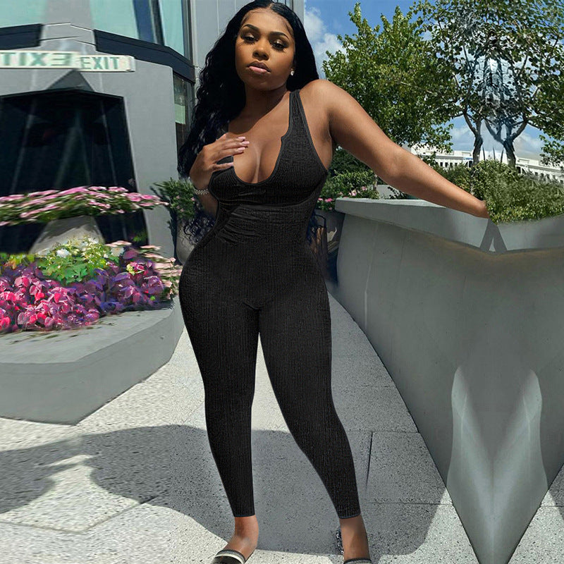 Women's Simple American Sports Vest Jumpsuit Summer Solid Color knitting Ribbed Trousers Women 7