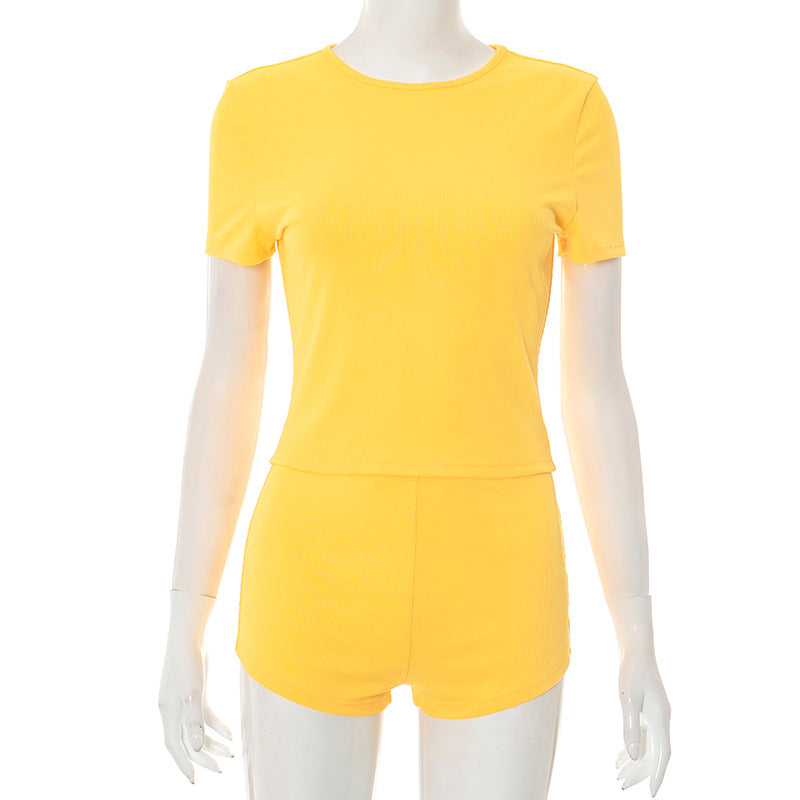 Women's Spring-Summer Solid Color Slim-Fit Round Neck T-Shirt Shorts Set 4