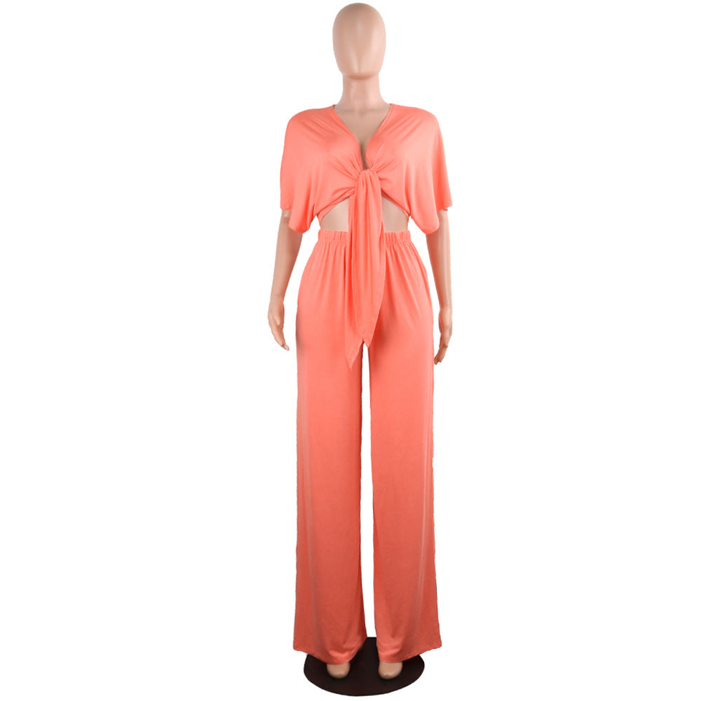 Women's Deep V Lace-Up Top Wide-Leg Pants Set 15