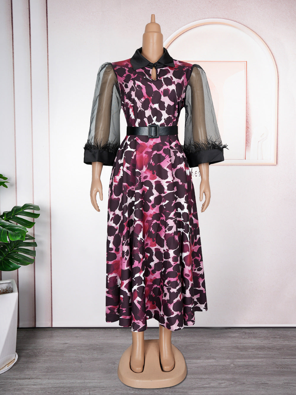 Plus Size African Women Three-quarter Sleeve Black Feather Turndown Collar Print Dress 8