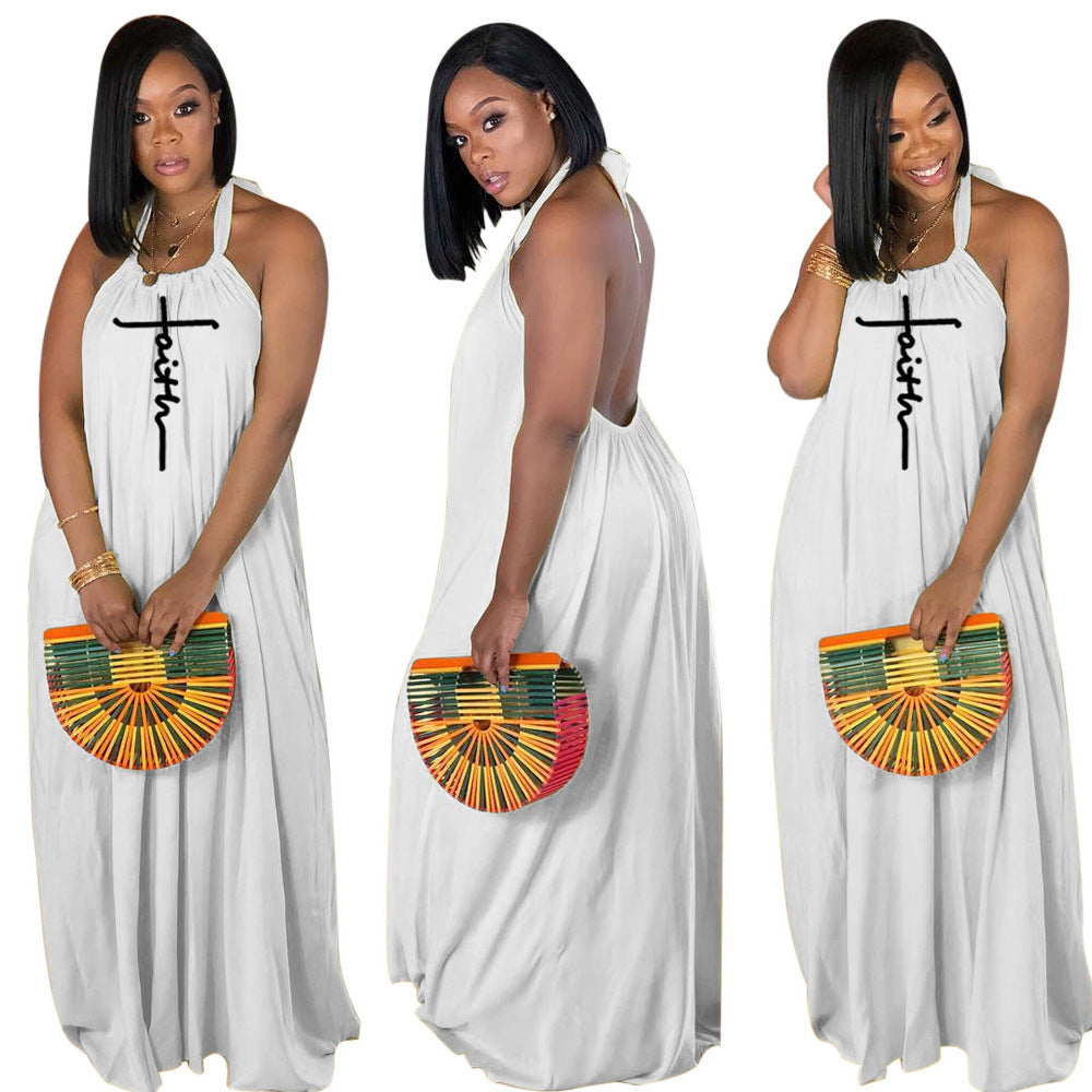 Women's Sling Loose Halter Print Boho Maxi Dress