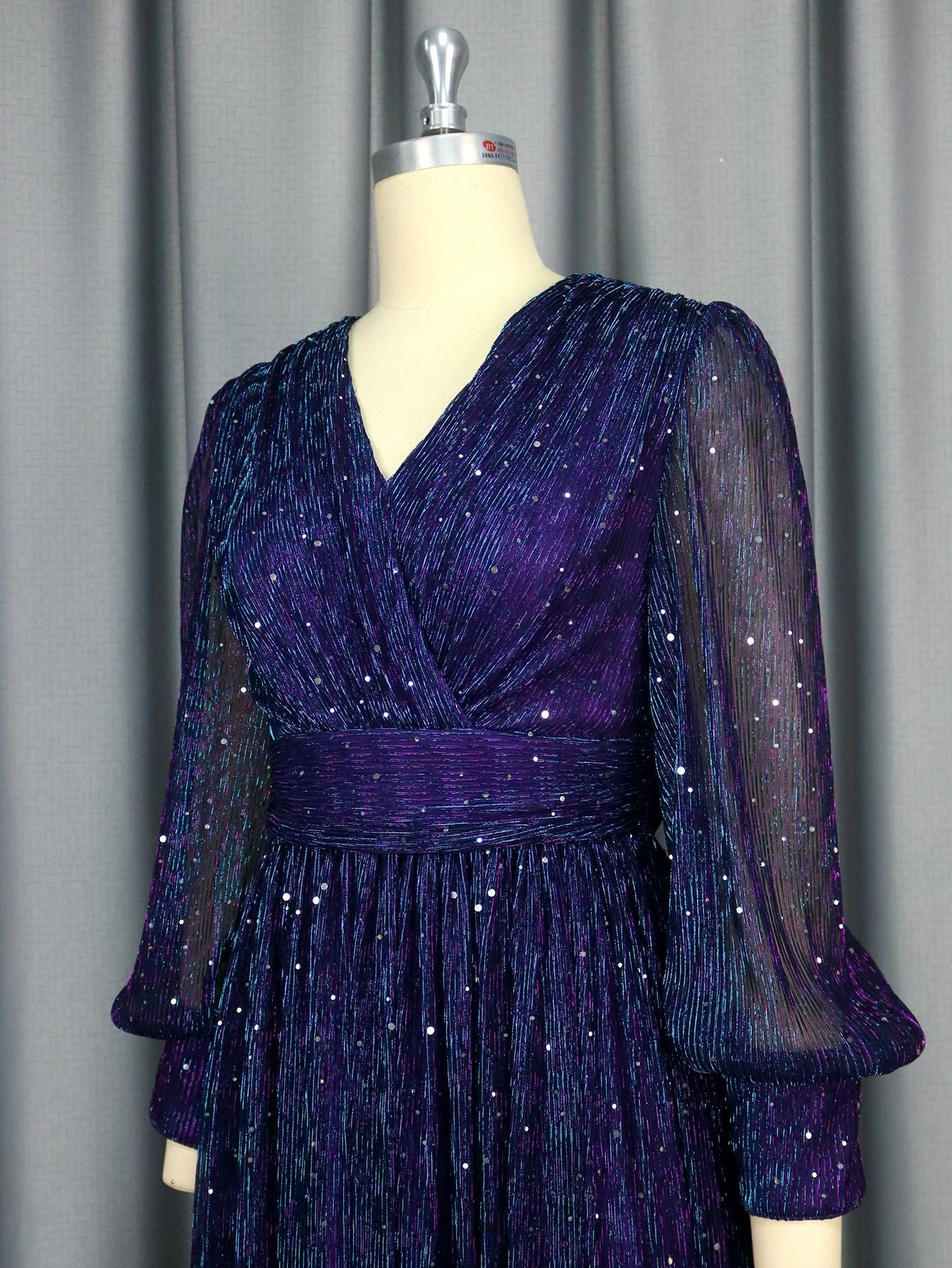 Sexy V-Neck Sequin Long-Sleeve Dress Purple Elegant Formal A-Line Gown 6