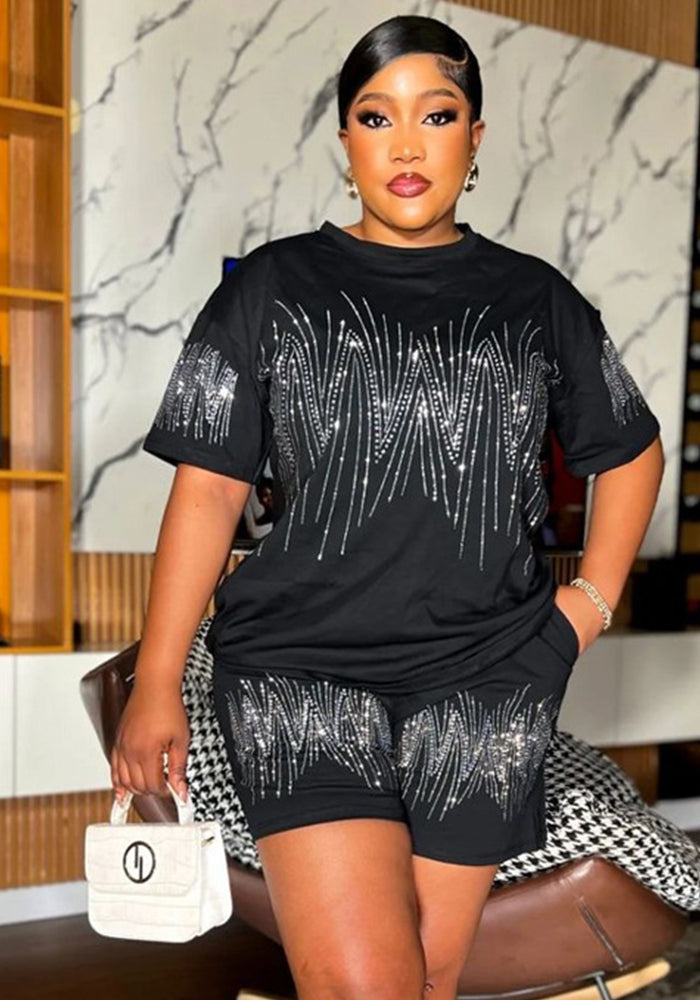 Women Casual Beaded Round Neck Short Sleeve Top and Shorts Two-Piece Set
