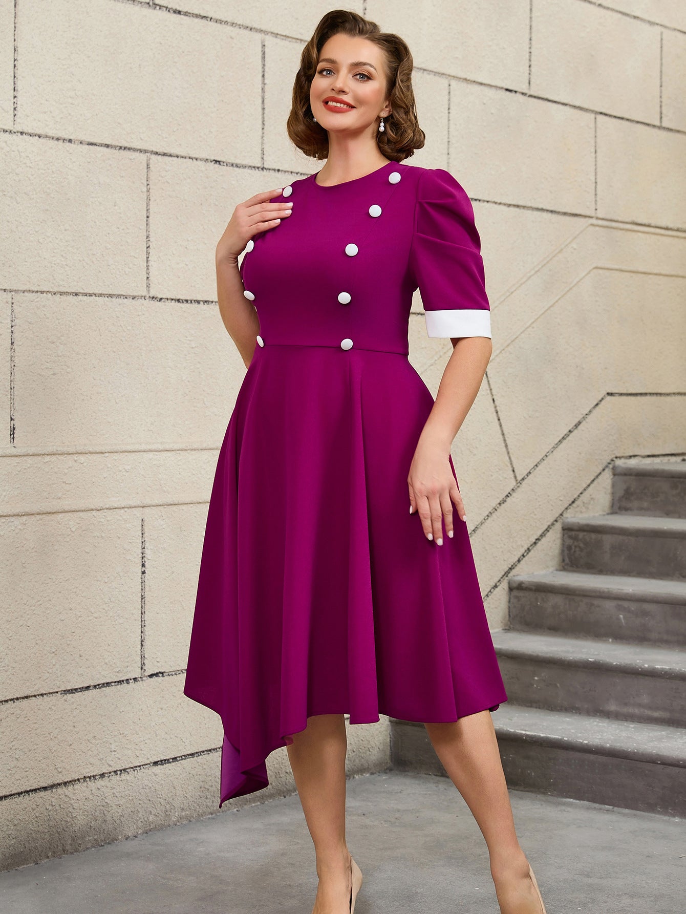 Plus Size Contrast Color Round-Neck Short-Sleeve Elegant Party Cocktail A-Line Dress 11