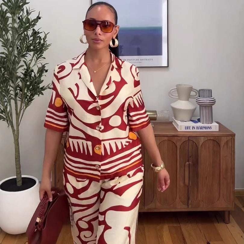 Fashion Women's Turndown Collar Printed Shirt & High-Waisted Wide-Leg Pants African Chic Elegant Two-Piece Set For Summer 4