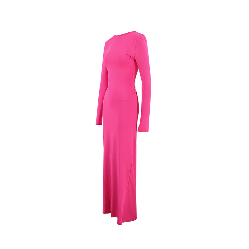 Women Pleated Long Sleeve Backless Bodycon Maxi Evening Dress 15