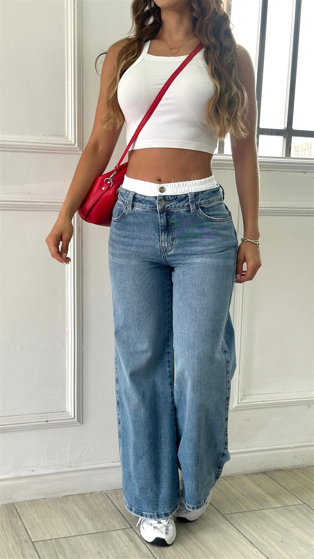 Women American Retro Non-elastic Contrast Color Wide Leg Denim Pants 3