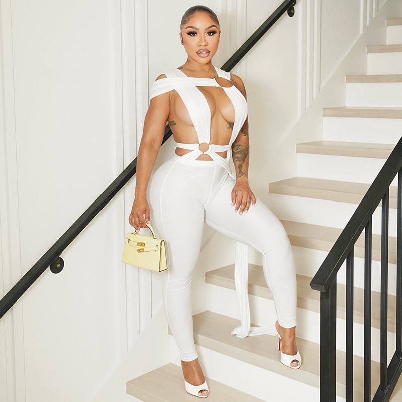 Women's Spring and Summer Ring Hollow Strap Jumpsuit 10