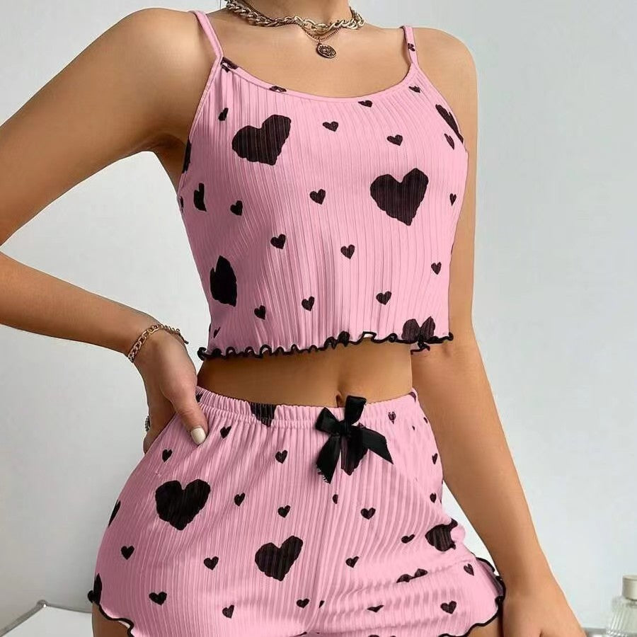 Women's Home Clothes Heart Print Strap Vest Shorts Casual Wear Women's Pajamas 4