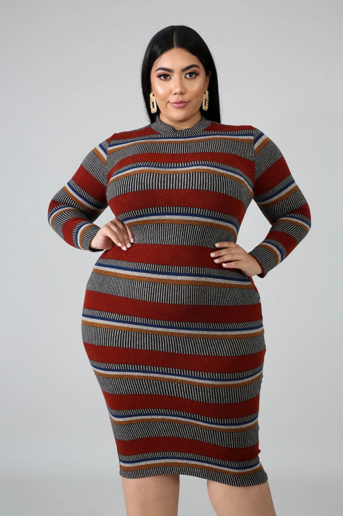 Plus Size Women's Ribbed Striped Print Long Sleeve Dress 3