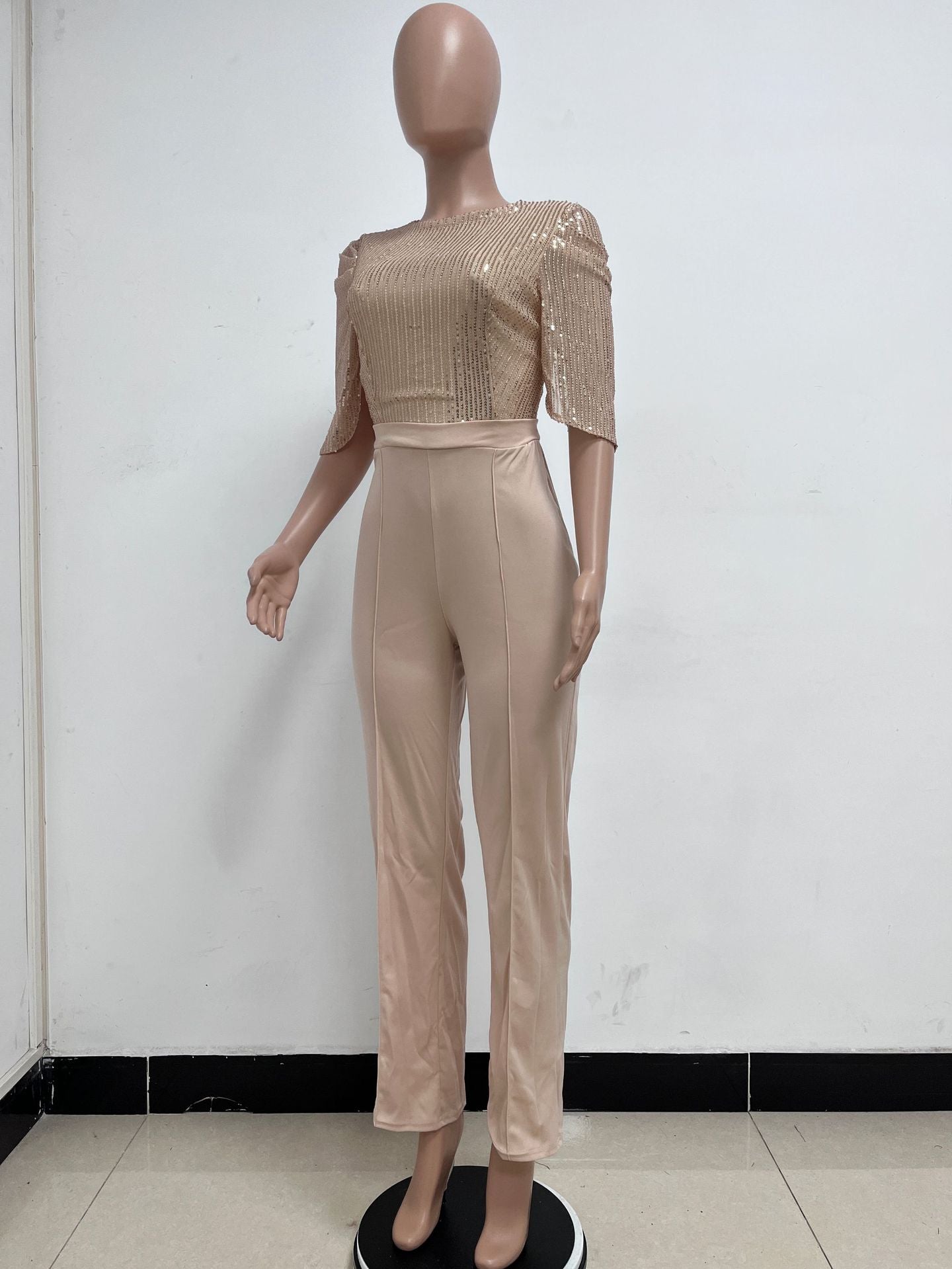 Women's Fashion Sequins Half Sleeve Wide-Leg Chic Ladies Jumpsuit 18