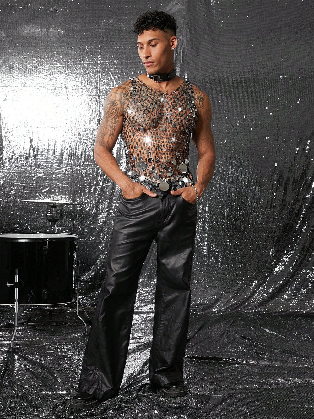 Men Diamond-Encrusted Hollow Sequin Mesh Sexy Nightclub Party Sleeveless Top 5
