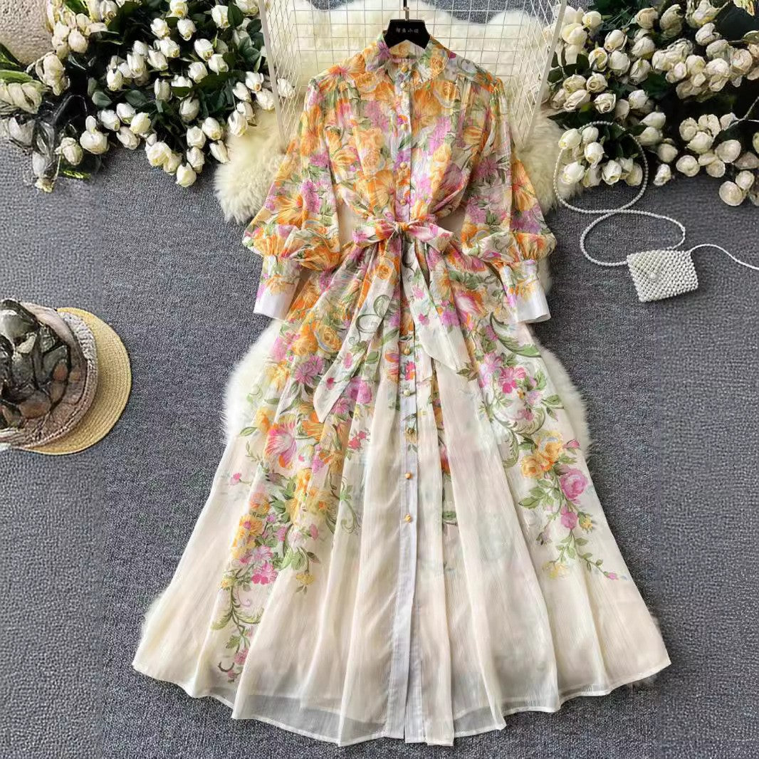 Printed Stand Collar Long-Sleeve Slim Waist Belt Chiffon Maxi Dress 3