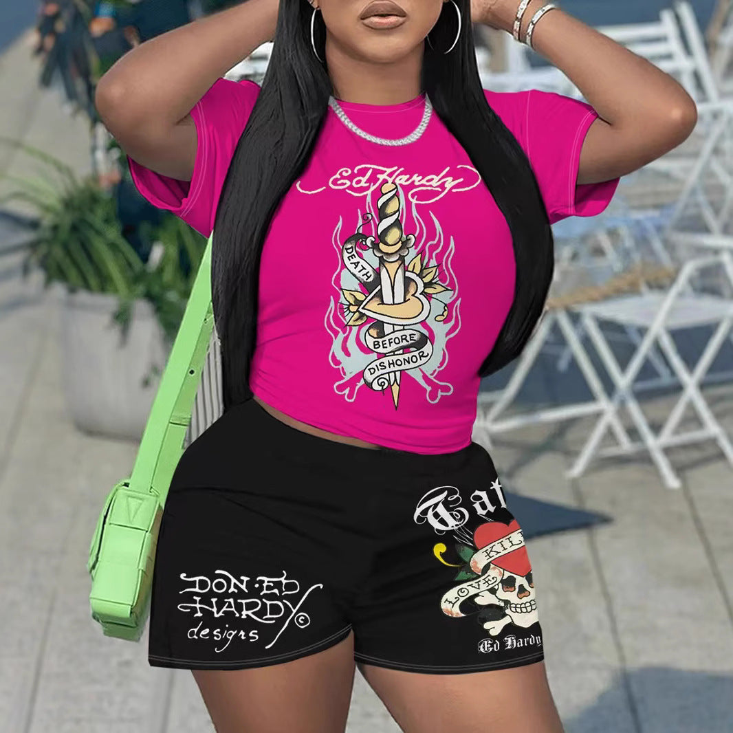 Women's Spring And Summer Printed Short-Sleeved Sports Two-Piece Shorts Set 6