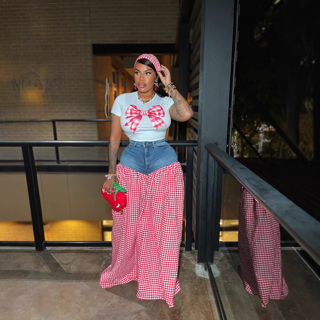 Women Patchwork Plaid Print T-shirt Casual Wide Leg Pants Two-piece Set 7