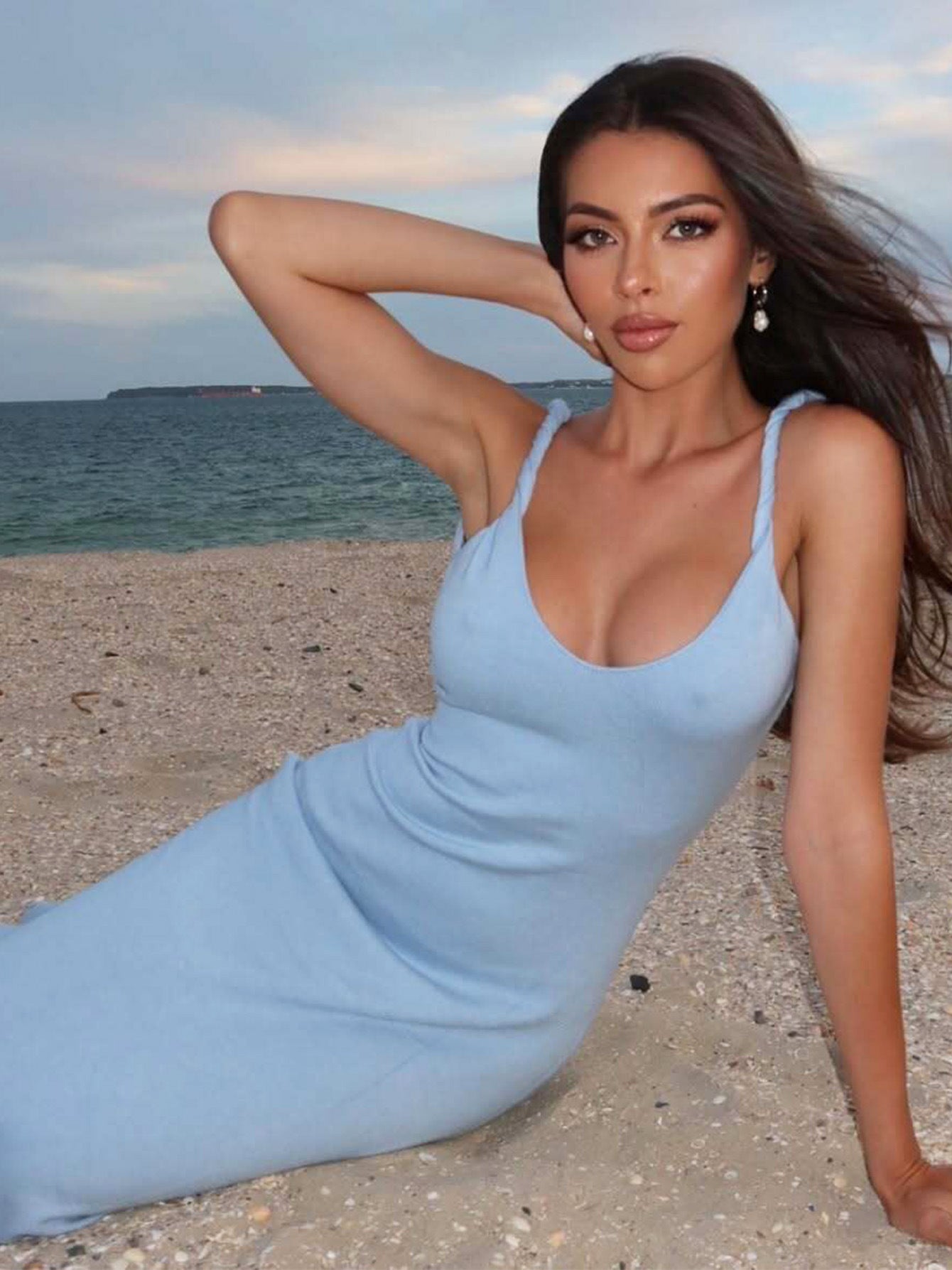 Women Summer Sexy V Neck Backless Fit Solid Knot Strap Dress 4