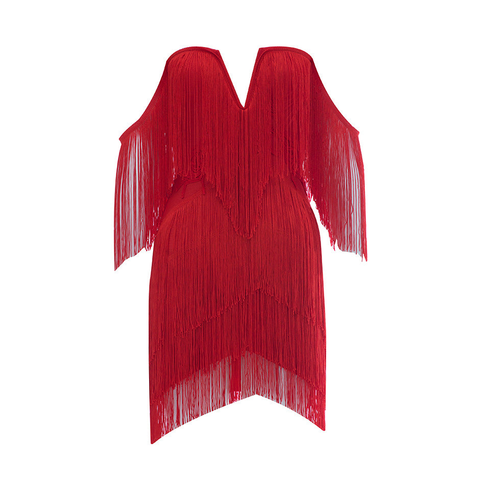 Women's Summer V-Neck Open Back Off Shoulder Tassel Mini Bodycon Dress 4