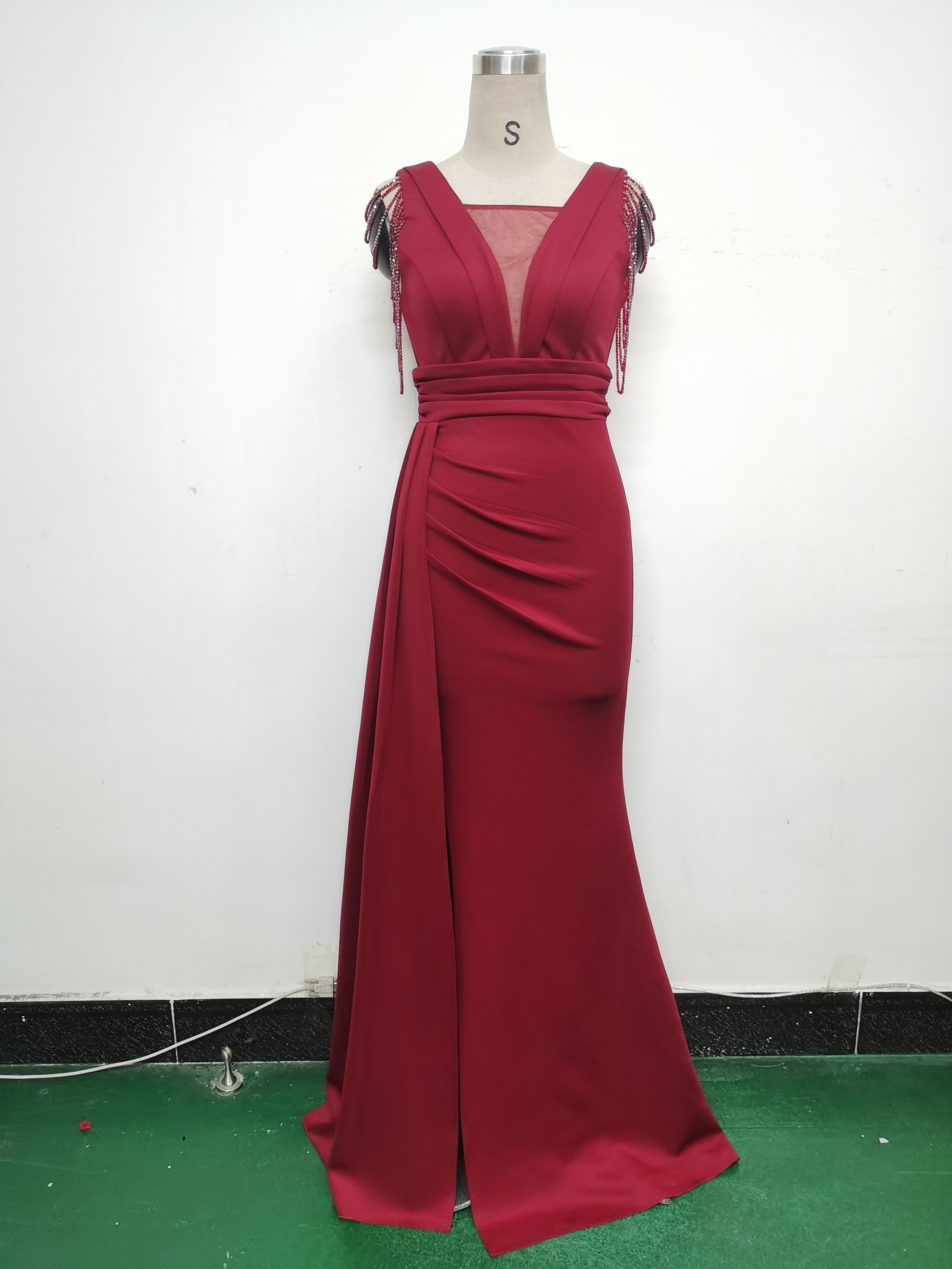 Women Satin Pleated Beaded Evening Dress 30