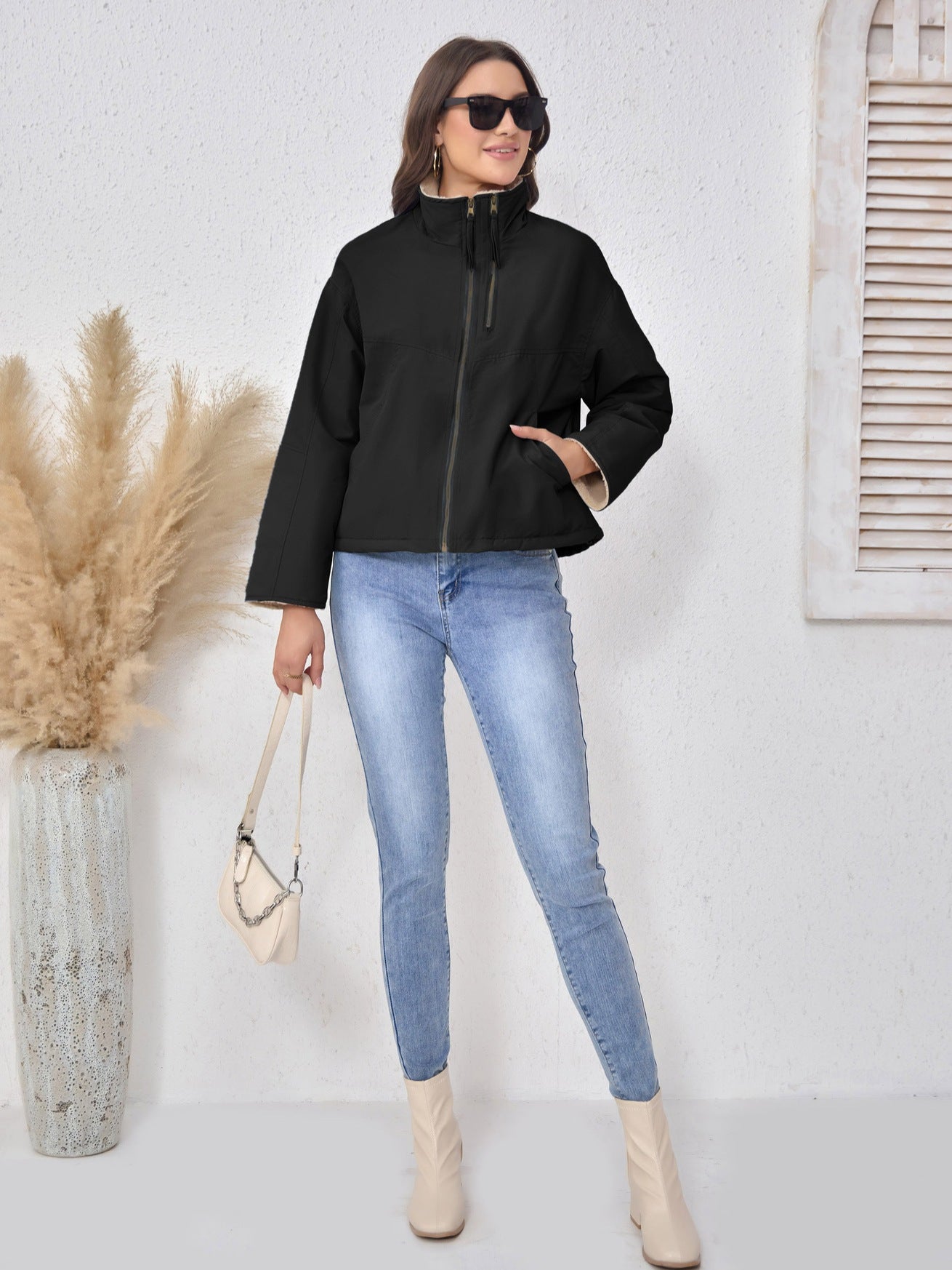 Stand Collar Fleece Women's Coat Winter Trendy Loose Jacket Short Outerwear 9