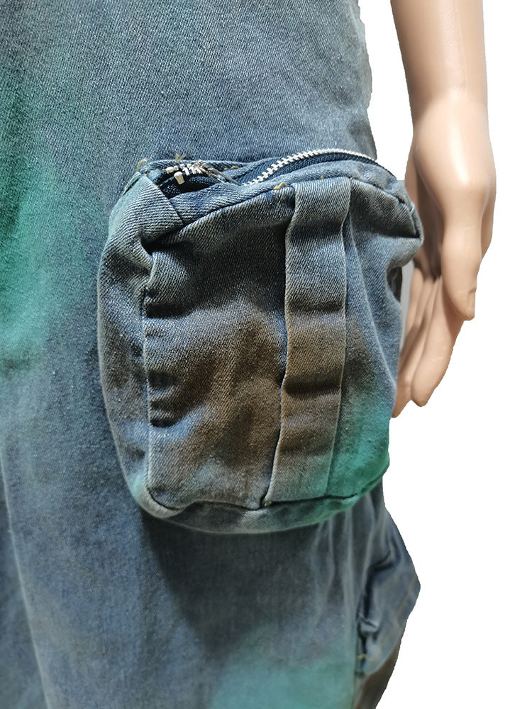 Women Sexy Strapless Off-Shoulder Tie-Dye Slit Cargo Denim Dress 13