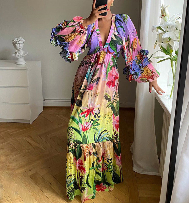 Women summer printed gradient ruffled v-neck sexy Maxi dress