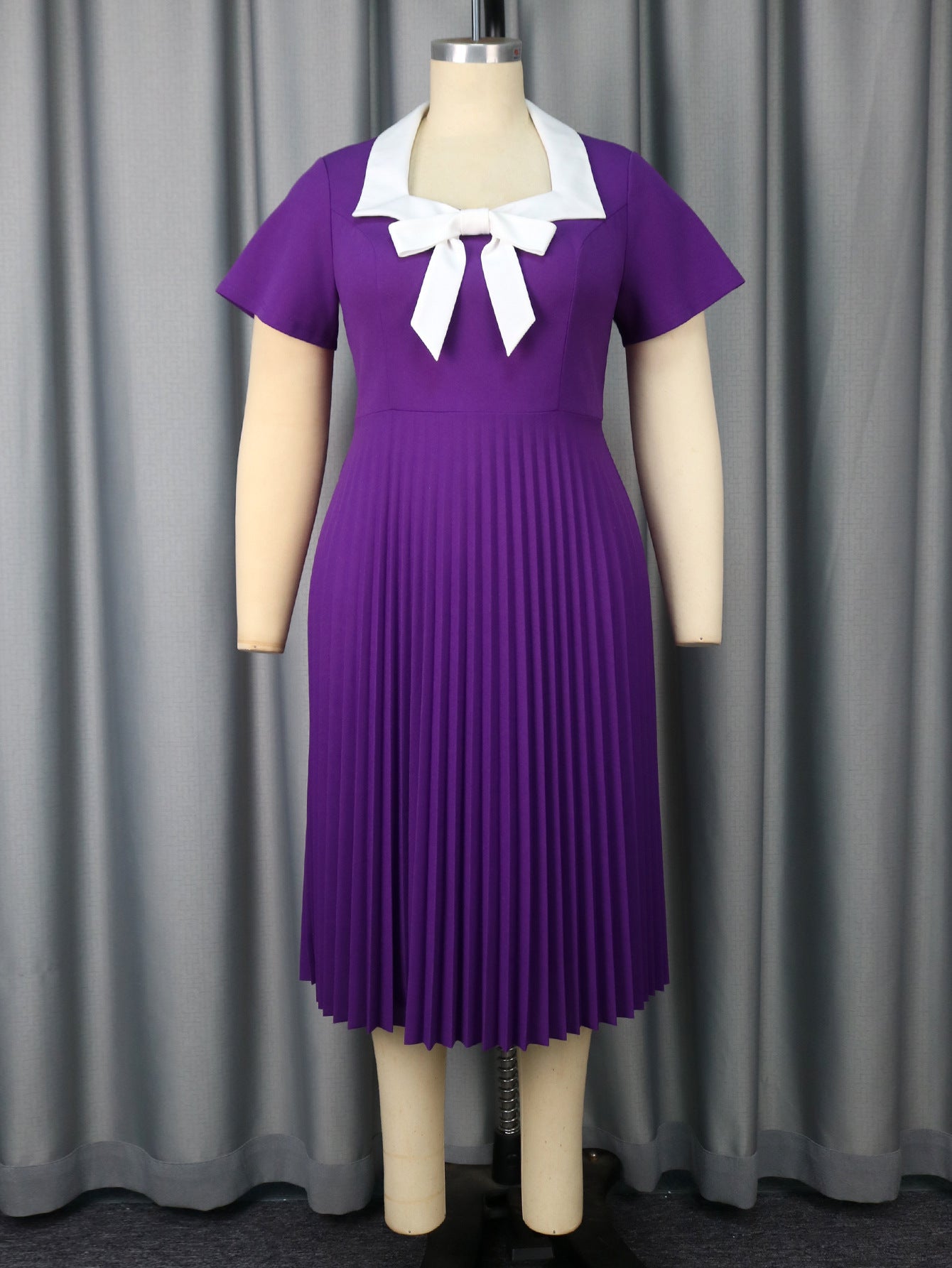 Plus Size Women Elegant Purple Pleated White Bow Square Neck Dress 7