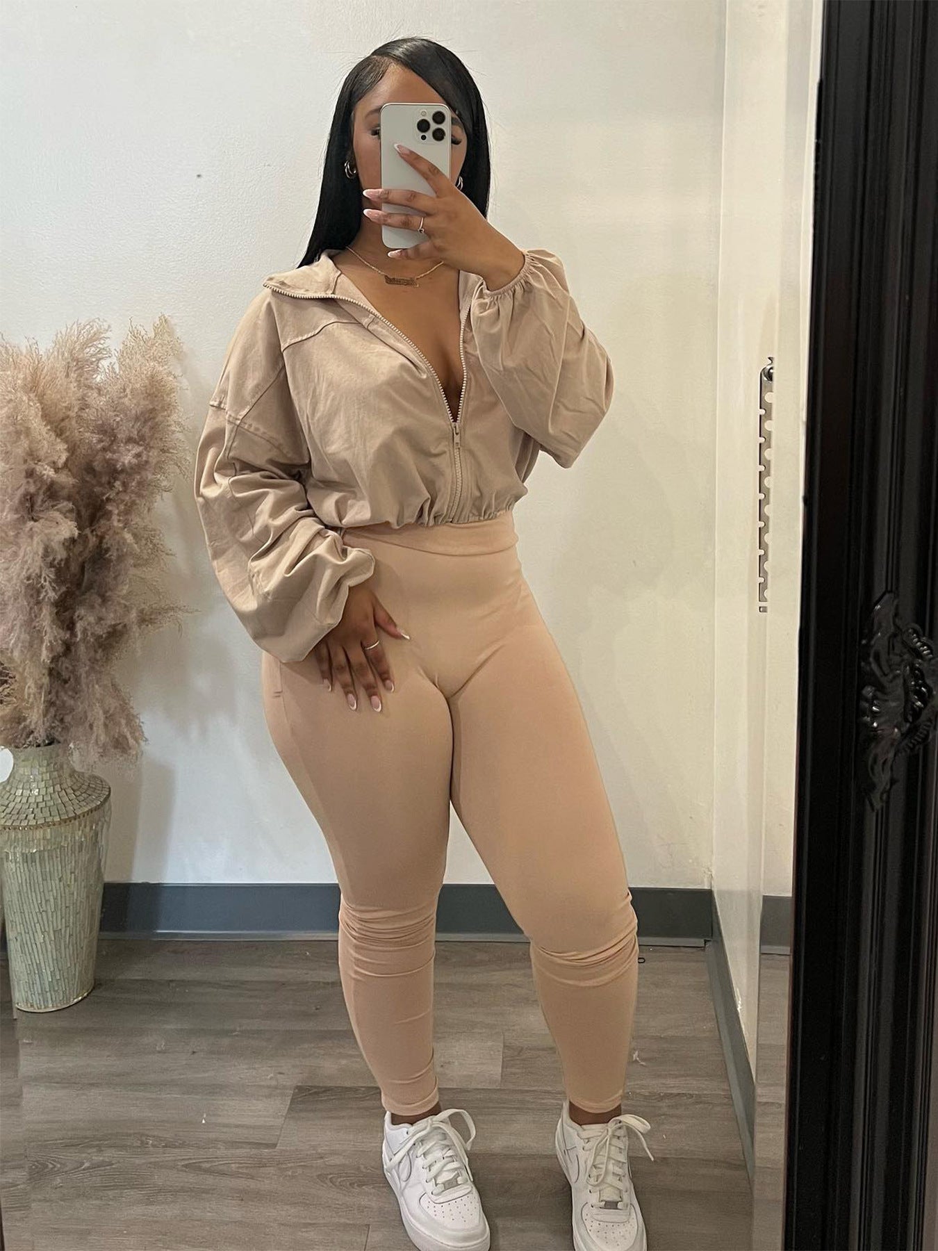 Casual Women's Zipper Elastic Buckle Slim Waist Long Sleeve Sport Two-Piece Pants Set 7