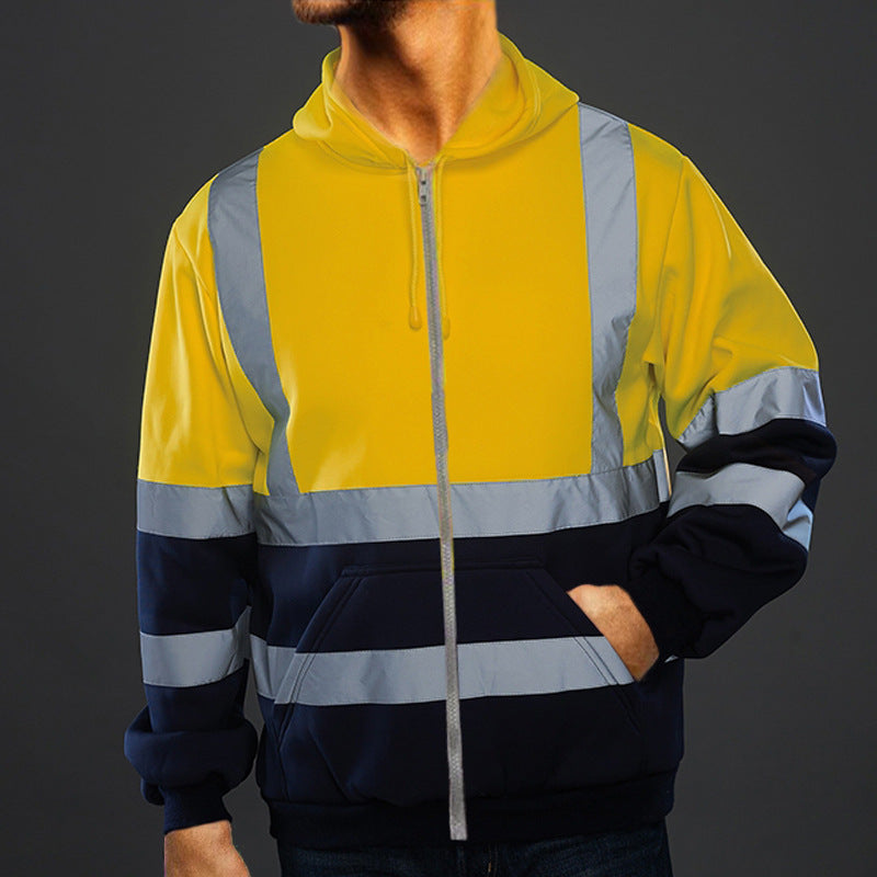 Men'S Hooded Hoodies Reflective Striped Fleece Colorblock Zip Hoodies 3