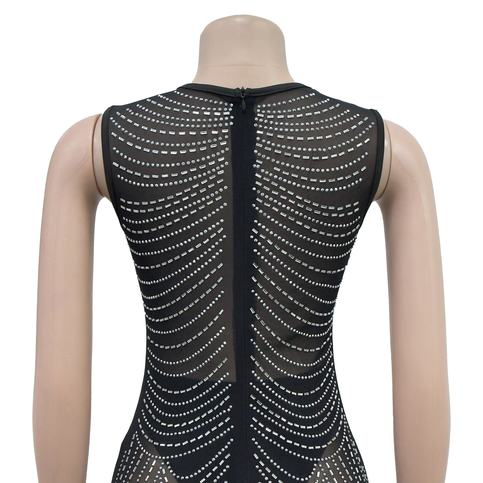 Fashion Women's Solid Color Mesh Beaded Sleeveless Long Dress 17