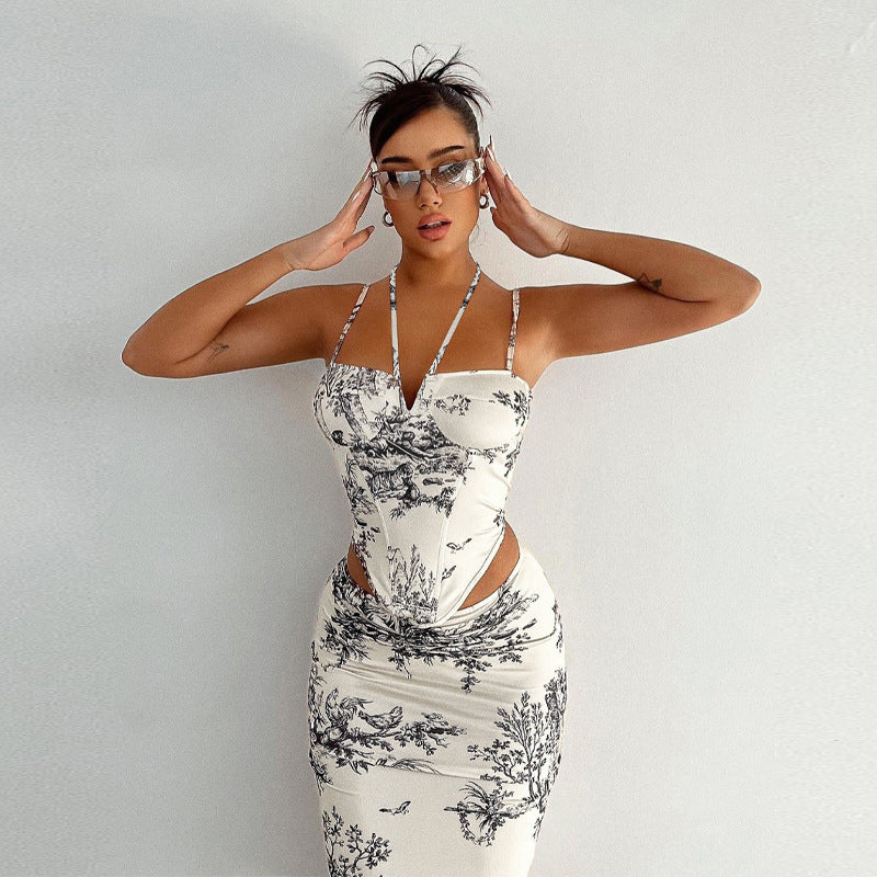 Women's printed fashion Casual two piece skirt set