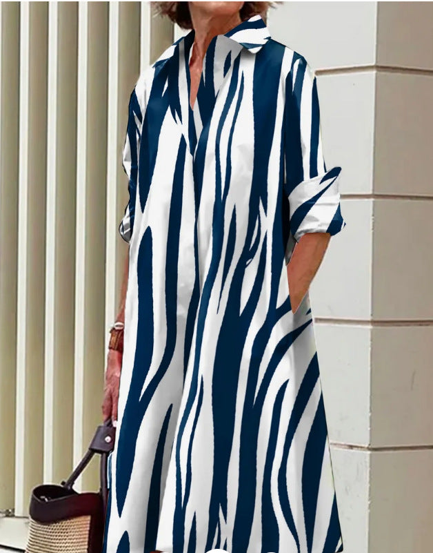 Fashion Print Turndown Collar Long Women's Shirt Dress 10