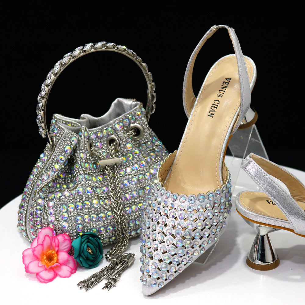 Colorful Rhinestone Bucket Handbag Paired With Pointed Toe Women's Medium Heel Shoes 11