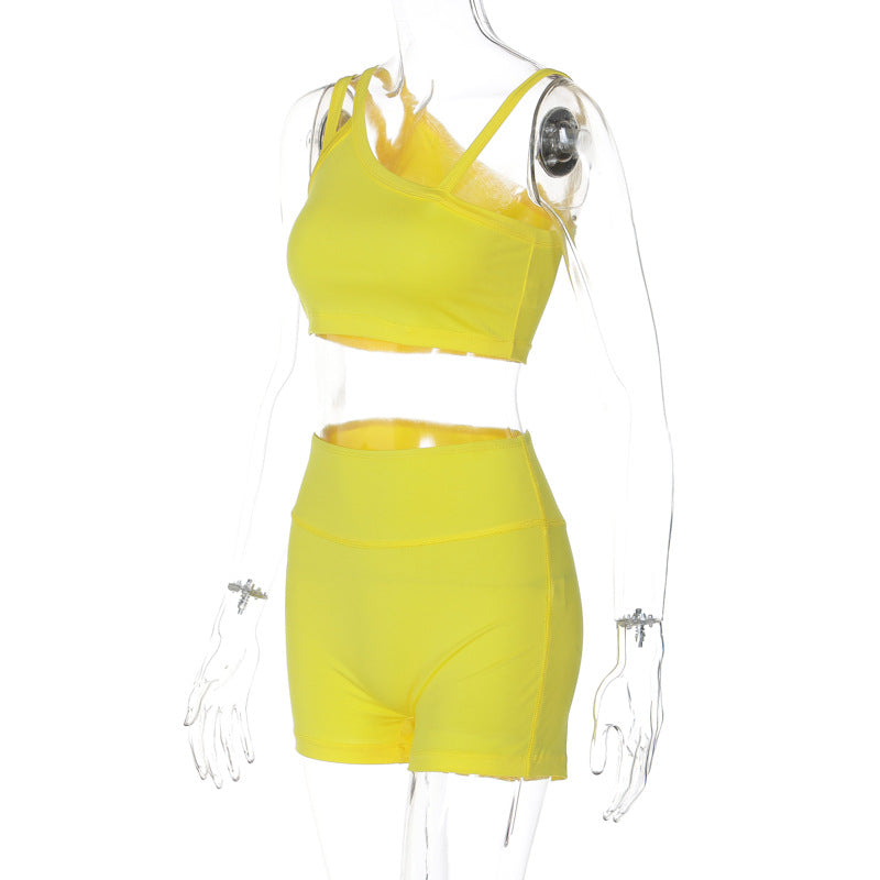 Women Summer Solid Suspender Top and Shorts Yoga Fitness Two-piece Set 9