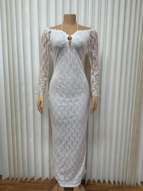 Cut-Out Lace Sexy Long Sleeve Off-Shoulder Halter Neck Maxi Dress 3