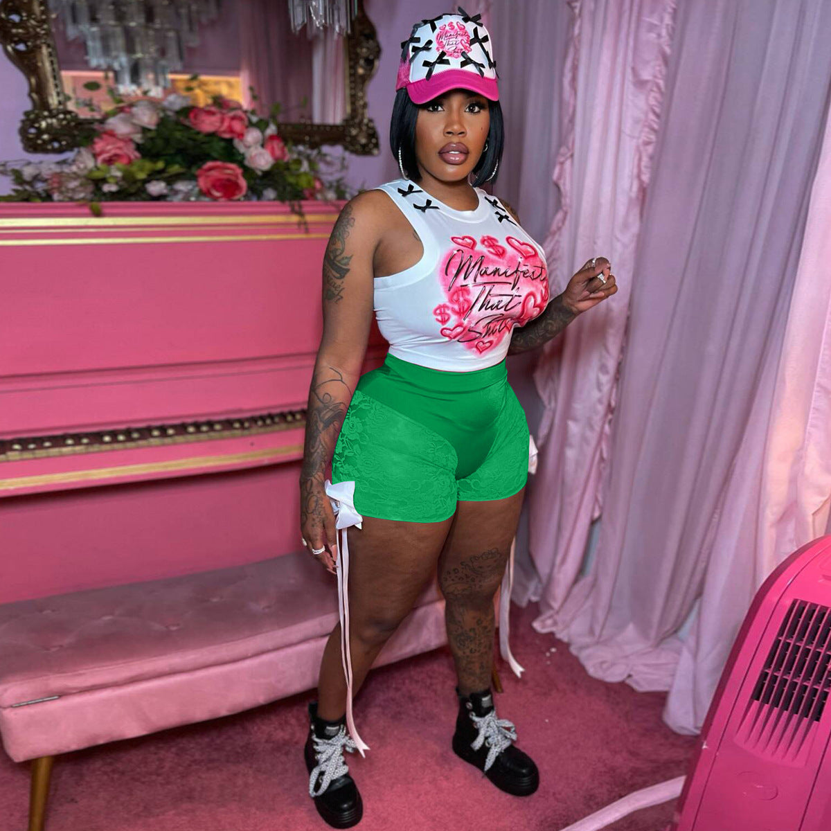 Women's sexy Lace See-Through bow shorts sleeveless vest two-piece set 7