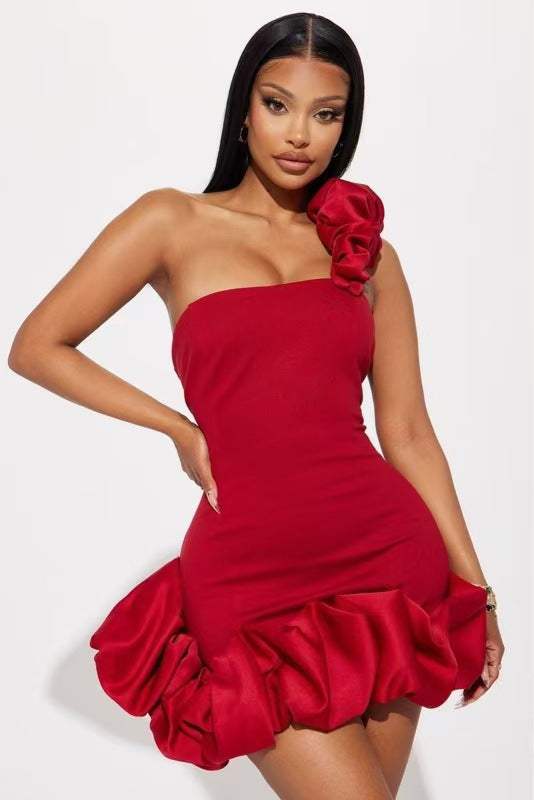 Women Solid One Shoulder Strapless Bodycon Ruffle Dress 3