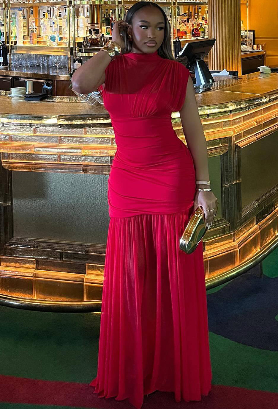 Women's Chic Elegant Mesh Patchwork Red Trendy Fashion Long Dress