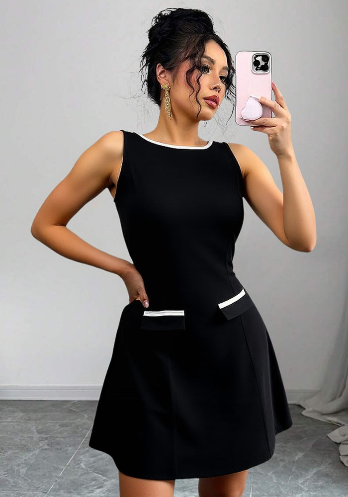 Women summer sleeveless French contrast color dress