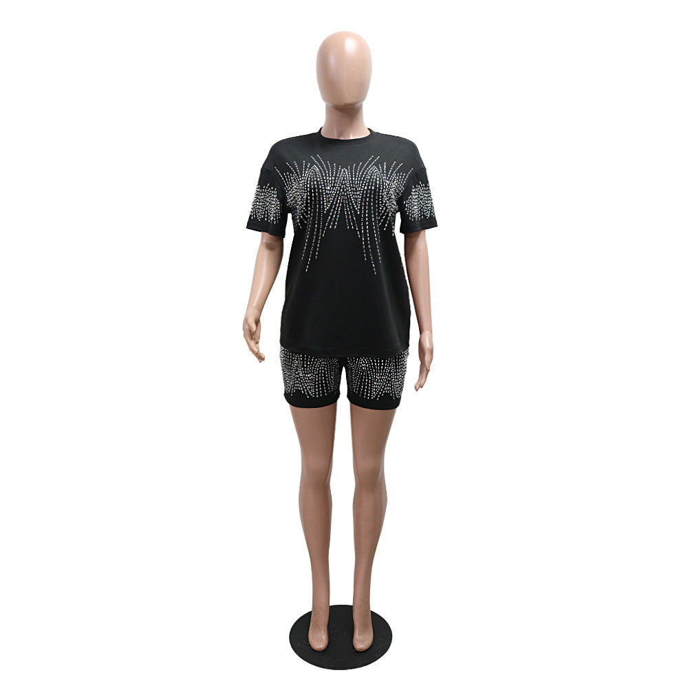 Women Casual Beaded Round Neck Short Sleeve Top and Shorts Two-Piece Set 5