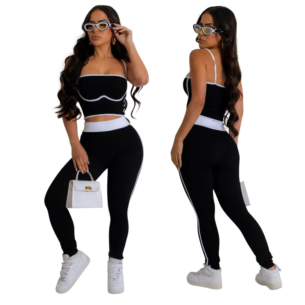 Women solid sexy suspender top pants two-piece set