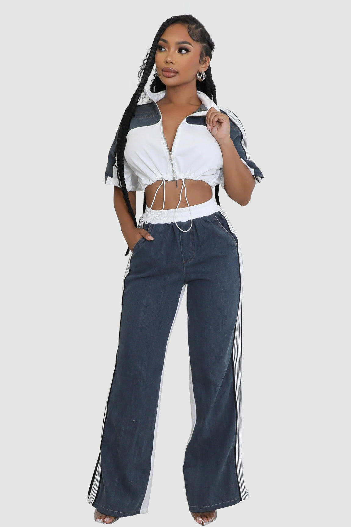 Women Color Blocking Contrast Sports Casual Top + Wide Leg Pants Two-piece Set 10