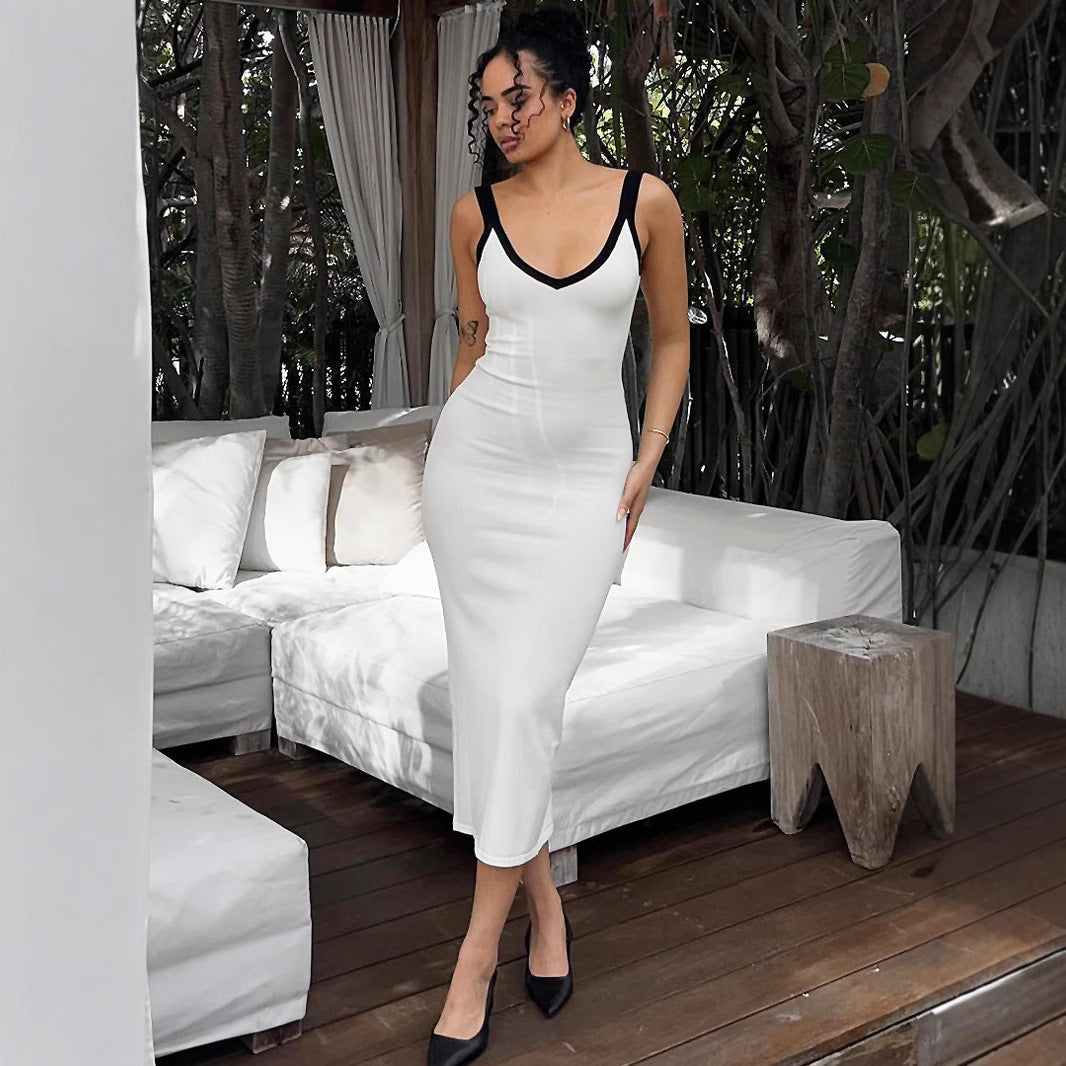Women's Contrast-Color Low-Back Chic Slim Straps Bodycon Dress 5