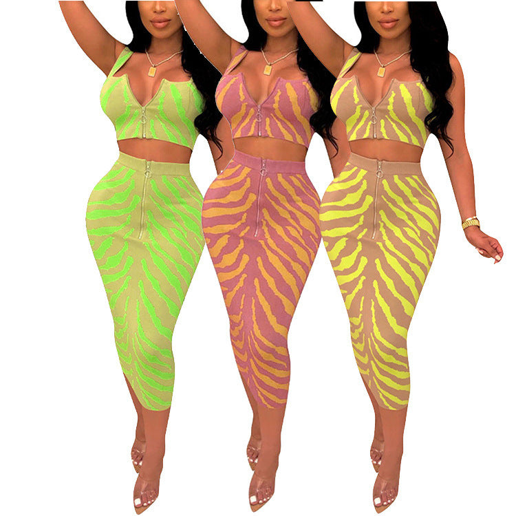 Women Sexy Print Zippered Crop Top and Skirt Two-Piece Set 5