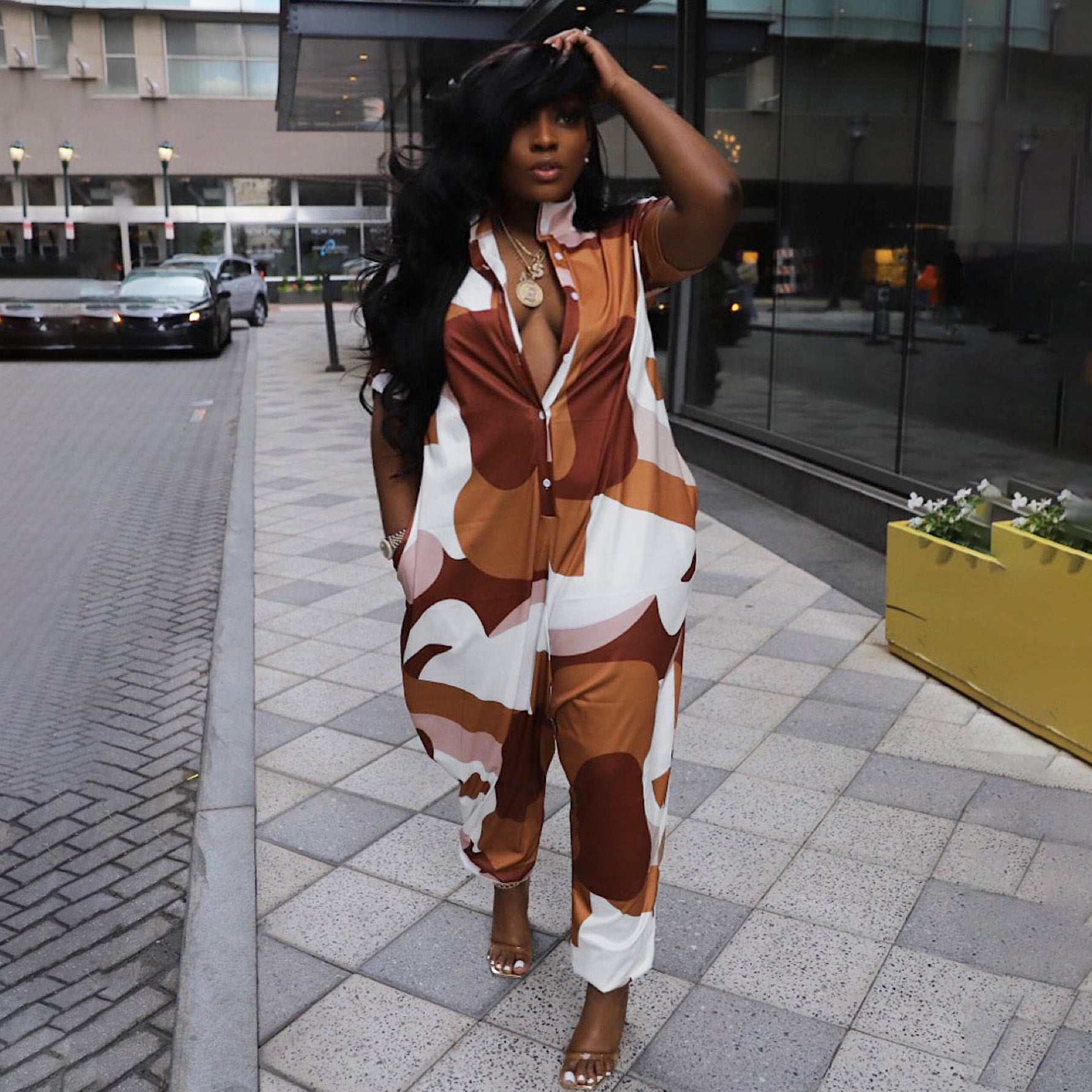 Women Turndown Collar Loose Irregular Print Jumpsuit 5