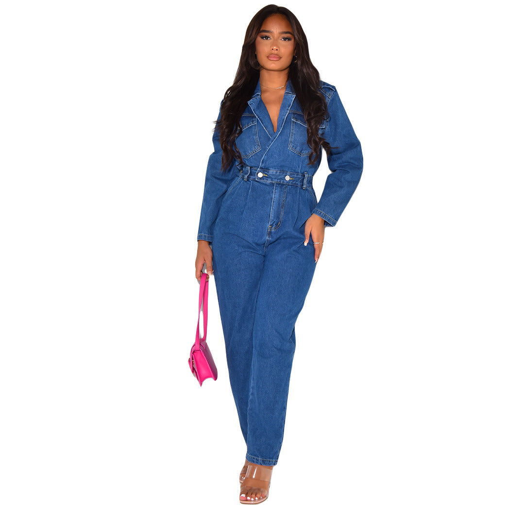 Women Turndown Collar Denim Jumpsuit 4