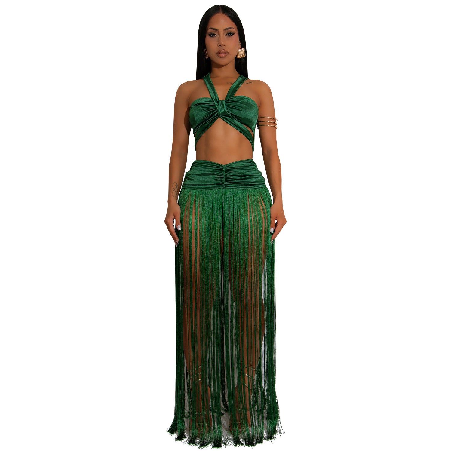 Women's Fashion Sexy Strap Top & Fringe Long Skirt Two-Piece Set 10