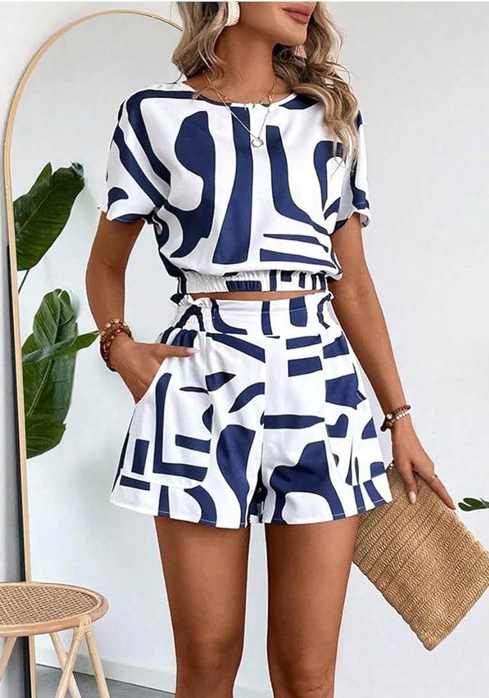 Women Summer printed Casual shirt shorts Two Piece Set
