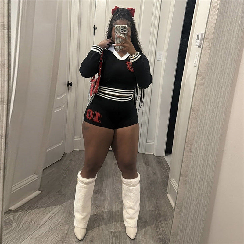 Women Sexy Long Sleeve Crop Top and shorts knitting Two Piece Set