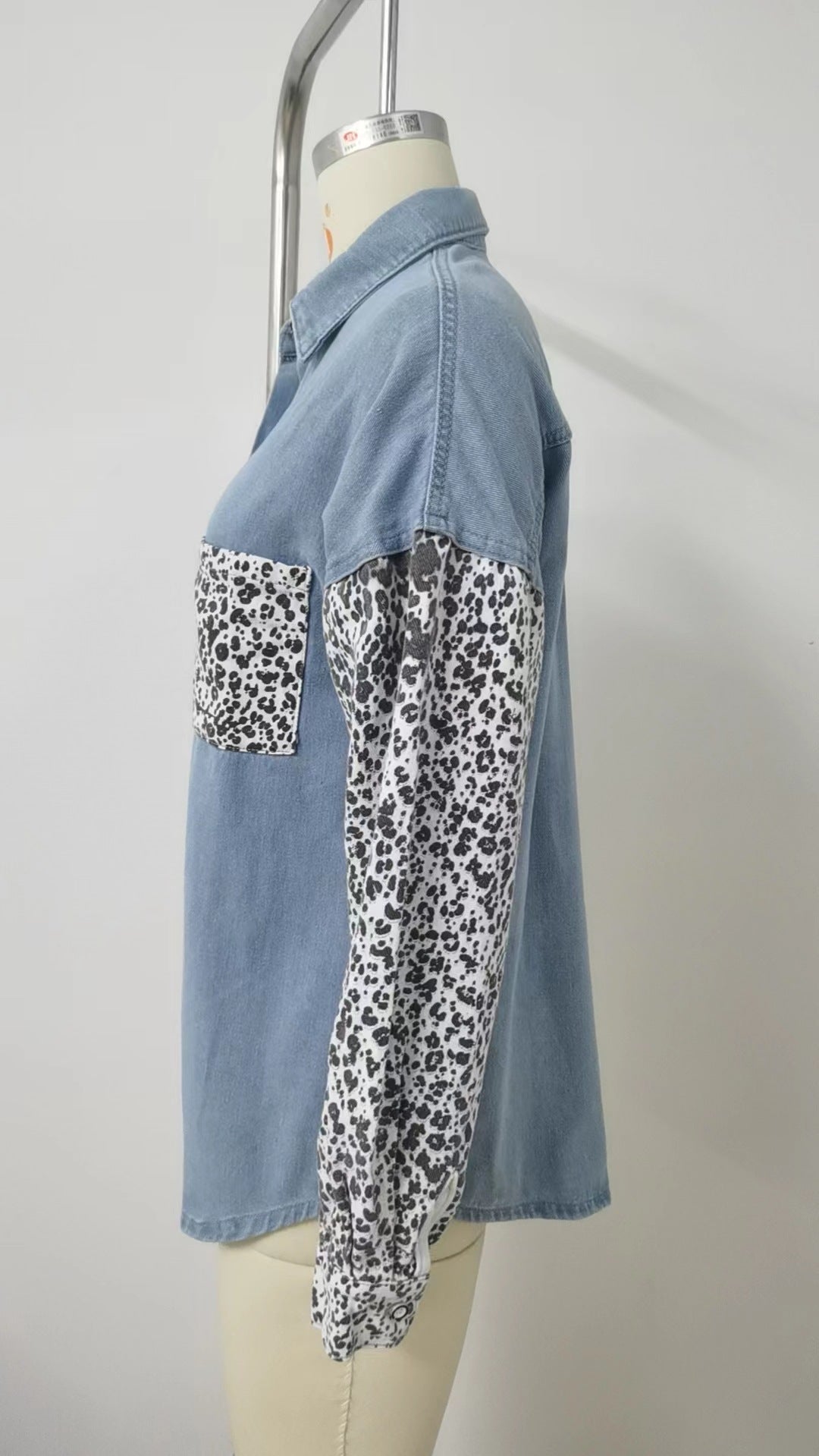 Women Loose Leopard Patchwork Denim Long Sleeve Shirt 12